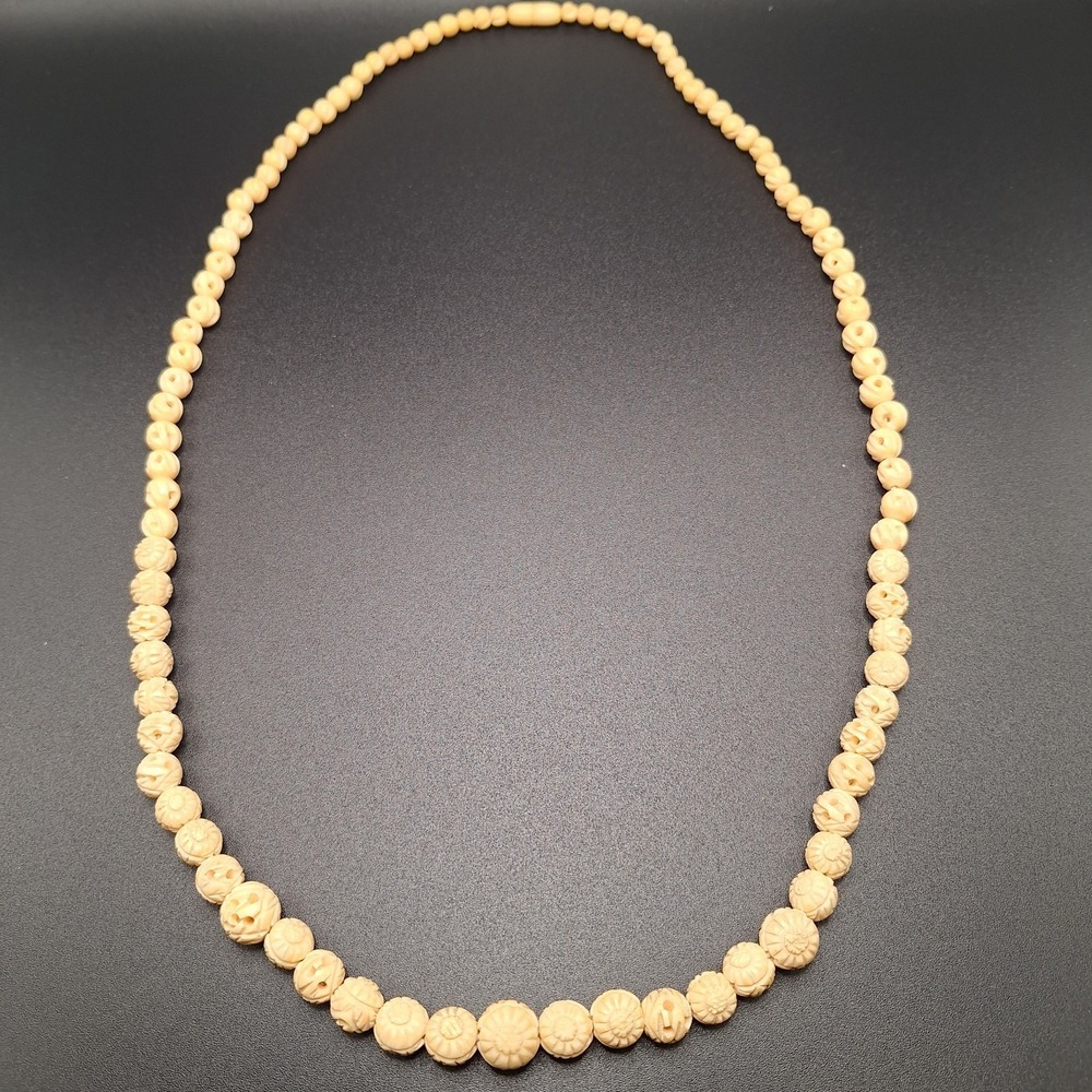 Vintage Carved Rose Flower Bead Ivory Celluloid Graduated Flapper Deco Necklace - Picture 3 of 7
